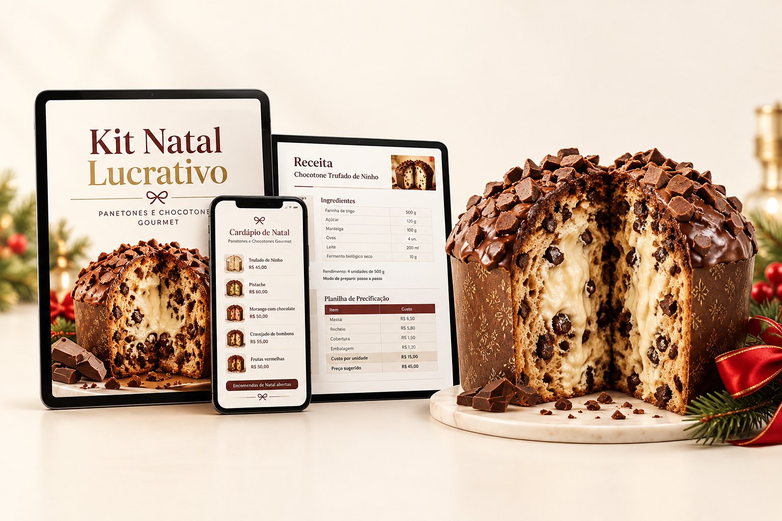 Método Natal Lucrativo: tablet com a capa do e-book, celular com o cardápio e tablet com receita e planilha de precificação, ao lado de um chocotone trufado cortado